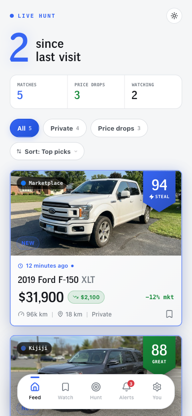 Auto Scout — the live deal feed